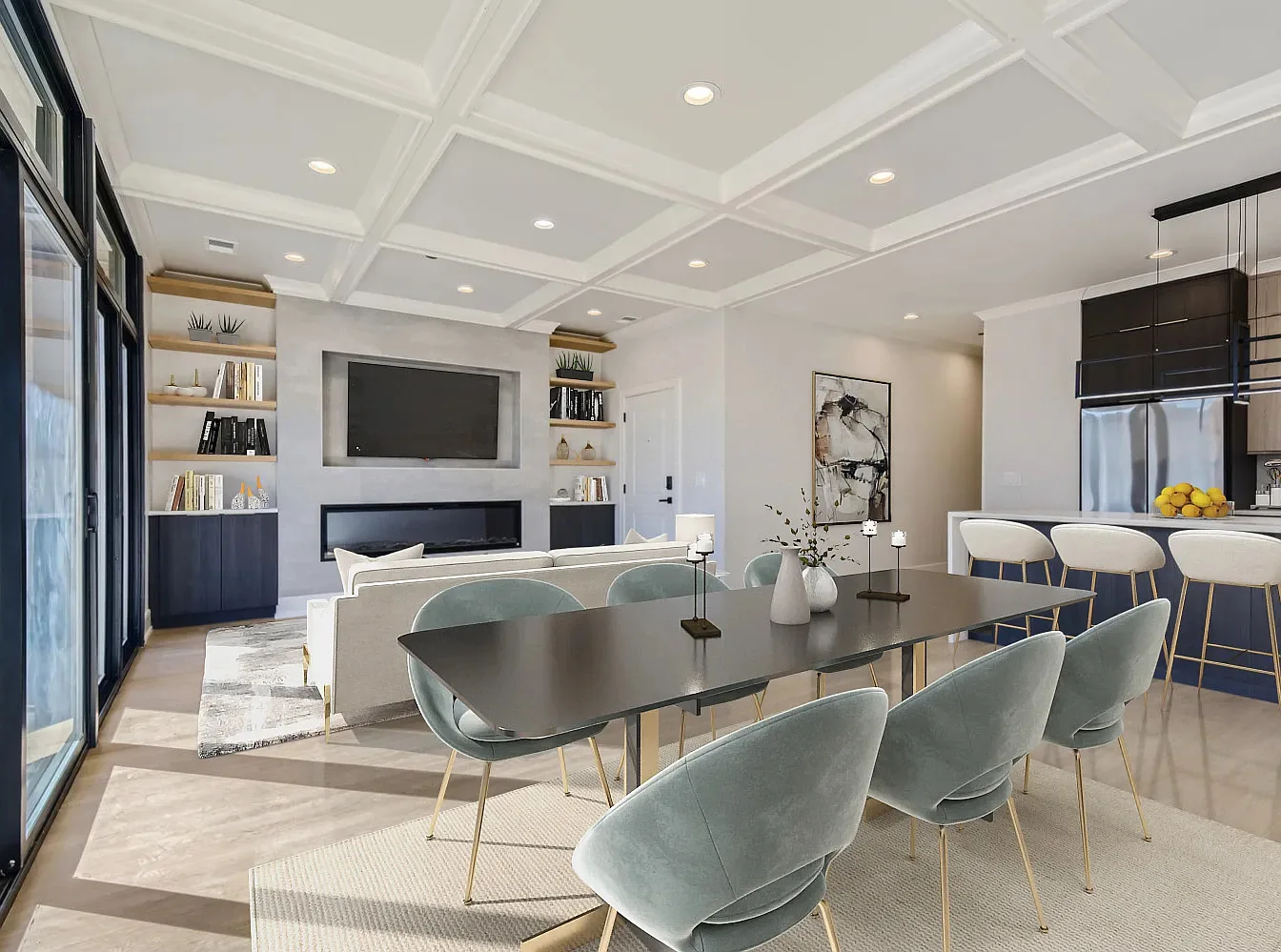 Coffered ceiling and feature fireplace in residential interior